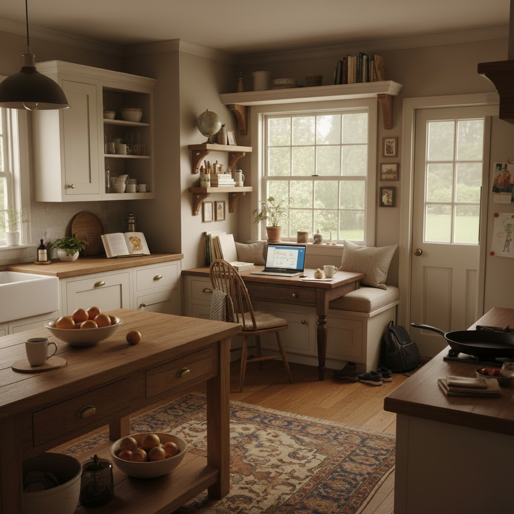 A warm kitchen featuring a wooden island and a window-side workspace with a laptop.